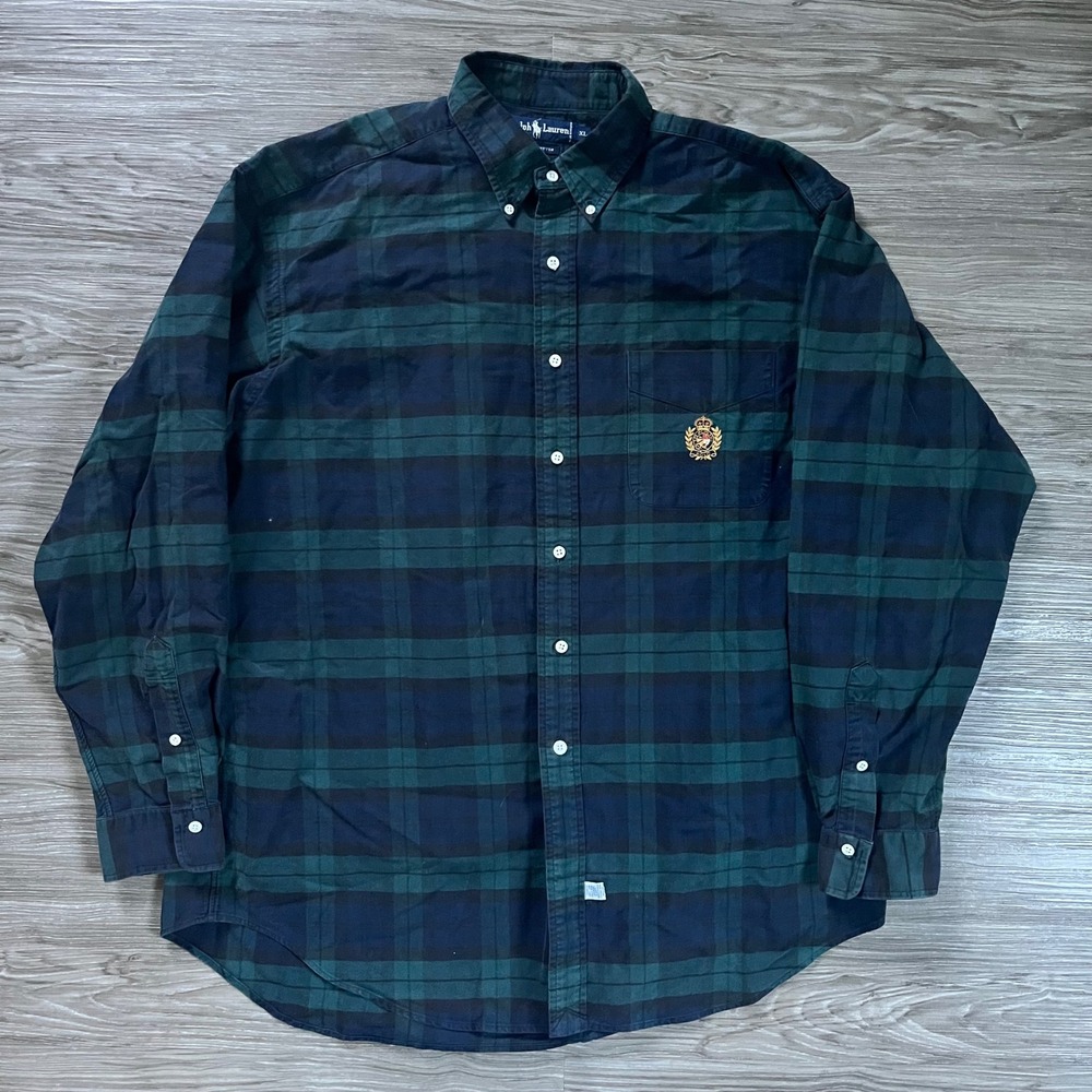 Ralph Lauren Mens XL Black Watch Plaid Button Down Shirt Crest Logo Green Navy